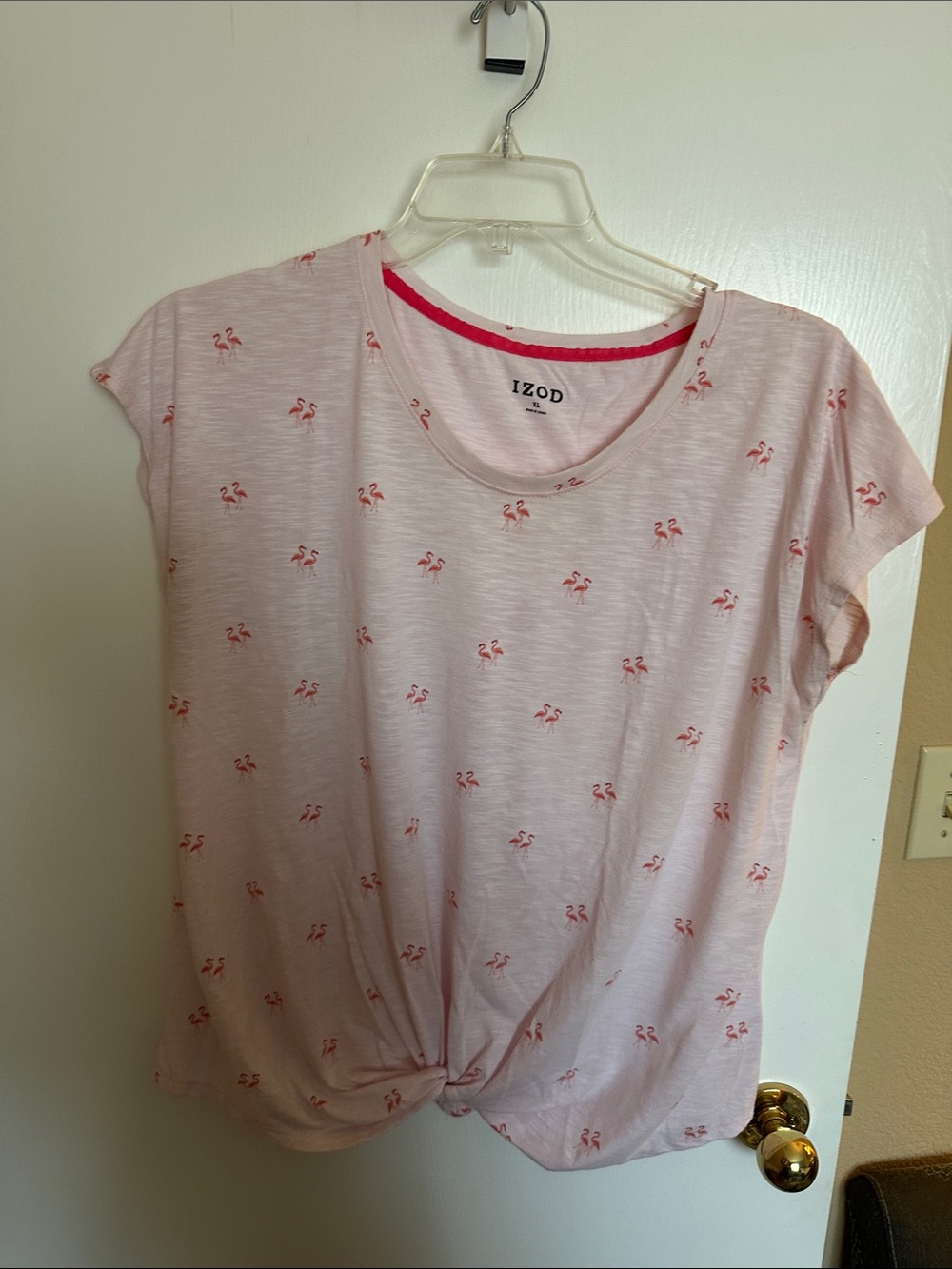 Izod Light Pink Flamingo-Print Tie Front Tee